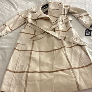 Dkny Cream Plaid Wool-Blend Belted Trench Coat